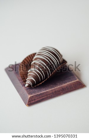 Chocolate cakes and candies are photographed in close-up on a stand on a white background.