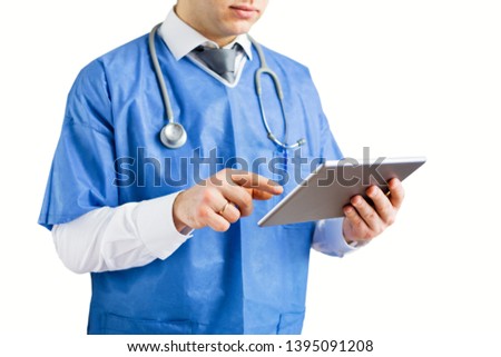Doctor using technology, isolated on white background