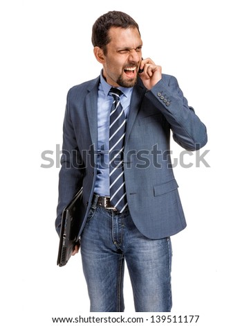 Angry businessman talking on the phone  isolated over white background 