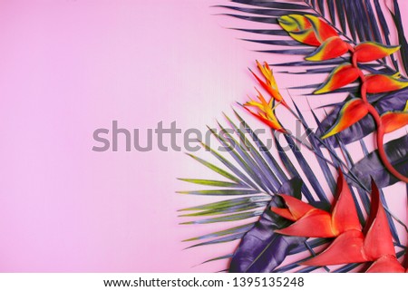 Tropical background with exotic red flowers with leaves/top view/copy space 