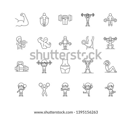 Fitness training  line icon signs. Linear vector outline illustration set concept.