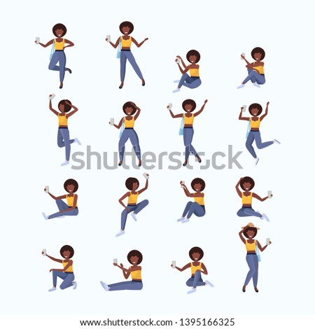 set woman taking selfie photo on smartphone camera african american female cartoon character posing different poses collection white background flat full length