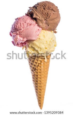 
front view of real edible ice cream cone with 3 different scoops of ice cream (vanilla, chocolate, strawberry) isolated on white background

real edible icecream, no artificial ingredients used!
