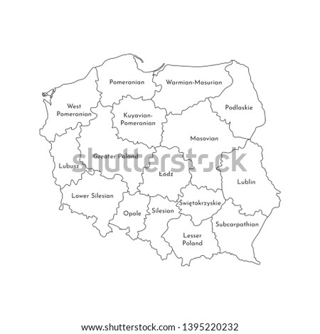 Vector isolated illustration of simplified administrative map of Poland. Borders and names of the regions. Black line silhouettes