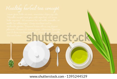 A white porcelain teapot, a white cup with pandan tea, dried and fresh leaves, and teaspoons on a wooden board. Healthy herbal tea concept. Top view. Flat lay. Copy space. Vector illustration.
