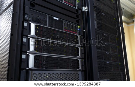 Close up cloud storage system panel modern with hard drives