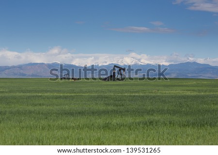 Pump Jacks in Green Field With Snow Covered Rocky Mountains and Blue Sky