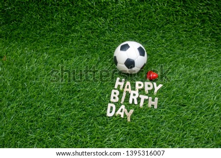 Happy birthday to soccer with football on green grass with love.