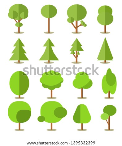 Flat trees in a flat design. Natural product store, garden, nature cosmetics, ecology company. Different trees collection.