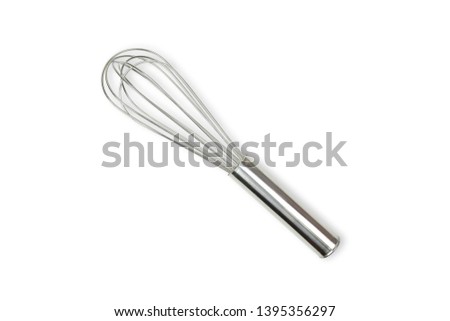 Close up of Silver whisk isolated on white background. Top view (Flat lay) on Food tool background view. Clipping path.