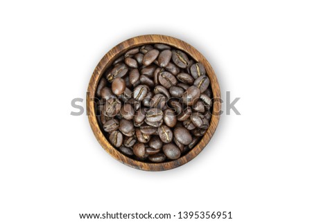 Roasted coffee beans in wooden bowl isolated top view (Flat lay) on white background view. Clipping path. 