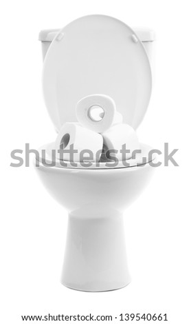 White toilet bowl with toilet paper, isolated on white