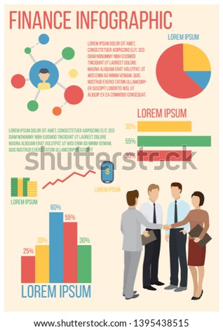 Finance infographics poster vector illustration. Graphs and growing charts. Earning money. Group of people discussing questions. Man and woman shaking hands. Business consultation.