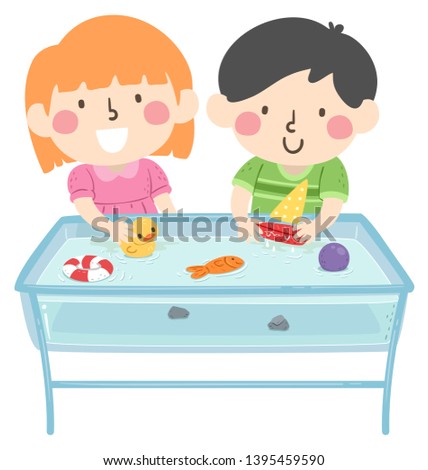 Illustration of Kids Playing in the Water Table Learning About Buoyancy