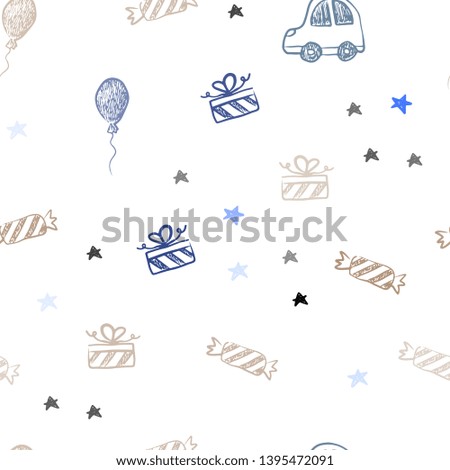Light Blue, Green vector seamless texture in birthday style. Abstract illustration with a toy car, baloon, candy, star, ball. Design for colorful commercials.