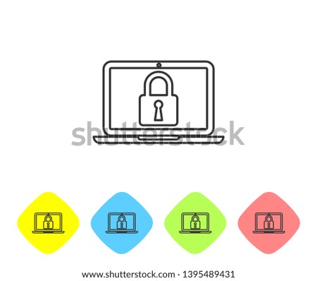 Grey Laptop and lock line icon on white background. Computer and padlock. Security, safety, protection concept. Safe internetwork. Set icon in color rhombus buttons. Vector Illustration