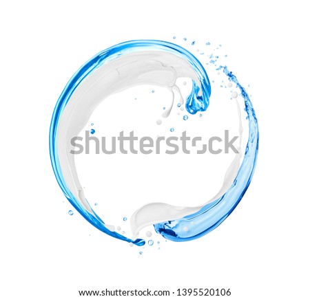 Splashes of milk and fresh water in motion, isolated on white background