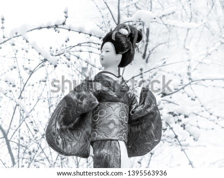 Japanese geisha girl in a doll image. Beautiful woman in traditional kimono. Black and white female portrait with dress and hairstyle in oriental style against of winter garden background with trees.