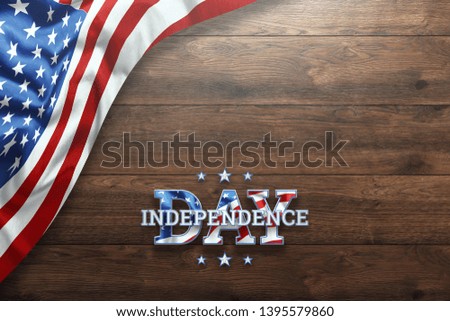Creative background, Independence Day inscription on wooden background, 4th of July, American flag. Independence Day Banner of America, postcard, democracy