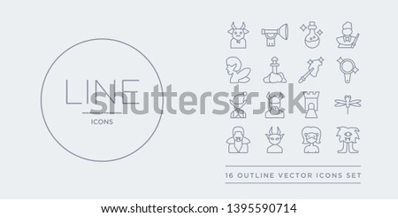 16 line vector icons set such as cyclops, damsel, devil, dracula, dragonfly contains drawbridge, dwarf, elf, enchanted mirror. cyclops, damsel, devil from fairy tale outline icons. thin, stroke