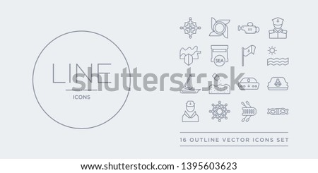 16 line vector icons set such as rope tied, rubber raft, rudder, sailor, sailor cap contains sailor hat, salt water, scow, sea. rope tied, rubber raft, rudder from nautical outline icons. thin,