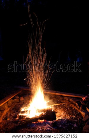 Burning fire at summer camp with a bunch of friends in summer