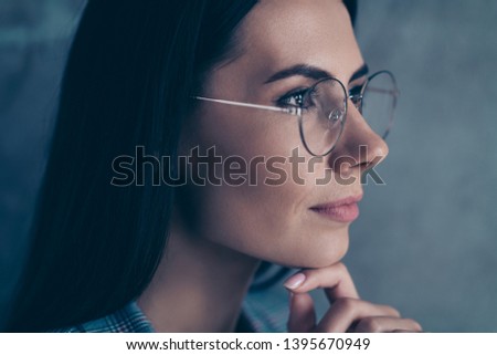 Close up side profile portrait beautiful she her business lady wait result make hard decision look interested strict office wear specs formal-wear checkered plaid suit isolated grey background