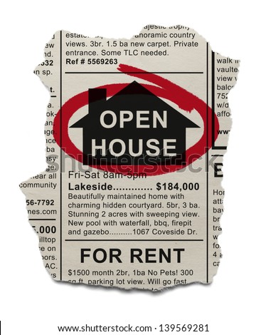 Real Estate Open House Ad circled with Red Marker Isolated On White Background.