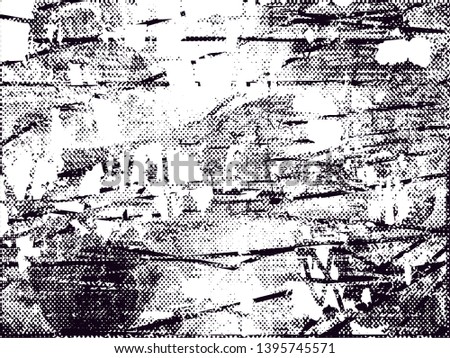 Distressed background in black and white texture with dots, spots, scratches and lines. Abstract vector illustration