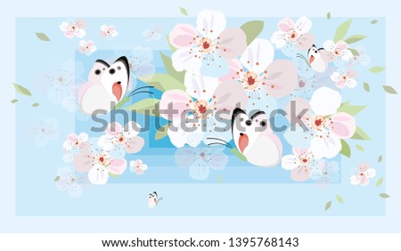 Flowers of cherry and butterflies. Spring tender background. Vector illustration.