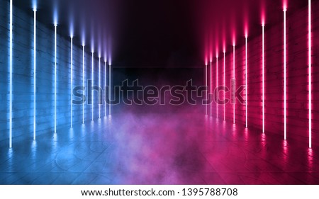 Empty background scene. Dark room, neon blue and pink figures in the dark, smoke. Abstract dark background.