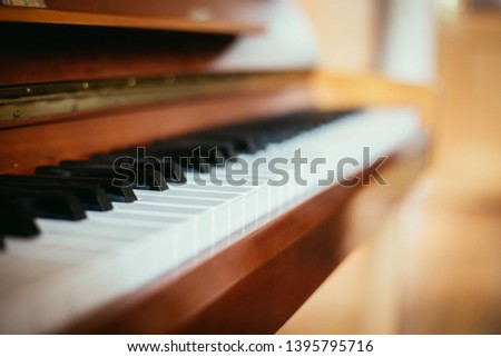 Rustic piano keys, close up picture. Classical instrument.