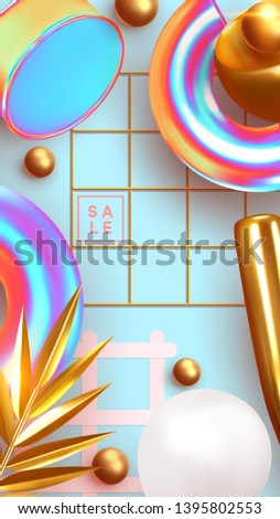 Minimal design background with realistic 3d objects of different shapes. creative abstraction poster, golden palm leaves, gold sphere, ball round, Pattern with geometric figure. art trendy composition