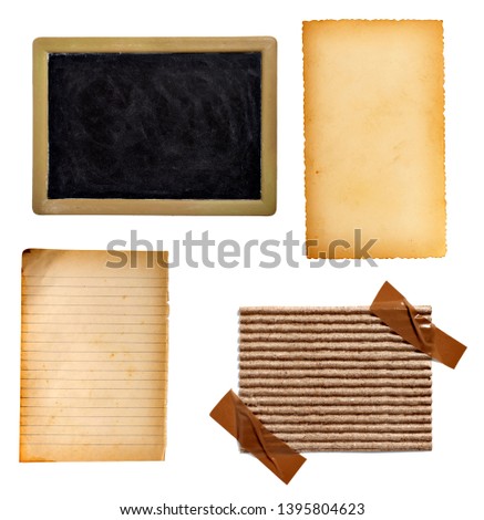 collection of various vintage note paper, tape, price label, wood sign on  white background