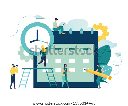 vector illustration. little people characters make an online schedule in the tablet. vector, design business graphics tasks scheduling on a week Royalty-Free Stock Photo #1395814463