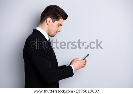 Profile side view photo focused concentrated agent boss chef have communication conversation arrange meetings colleagues clients search information wear classic outfit isolated silver background