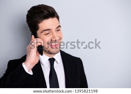 Close up photo of charming excited sales manager have dialogue friends colleagues clients feel satisfied content laugh good news isolated dressed fashionable jackets on argent background