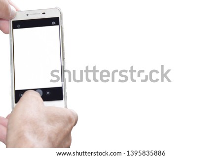 Man hand holding black and  white smartphone with his two hands on the left side set with blank screen 