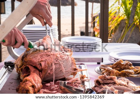 Outdoor celebration with restaurant or catering concept and chef man cutting and serving a tasty nice big turkey - beach in background