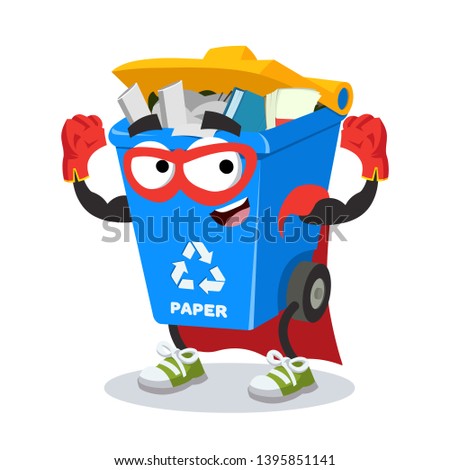 Superhero cartoon blue recycle garbage can with paper character mascot in sneakers on a white background