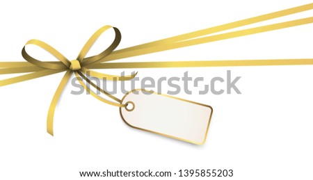 EPS 10 vector illustration of golden colored ribbon bow with hang tag and free text space isolated on white background