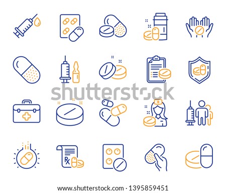Medical drugs line icons. Healthcare, Prescription and Pill signs. Pharmacy drugs, medical nurse, recipe pill icons. Antibiotic capsule, syringe vaccination, medicine cure. Vector Royalty-Free Stock Photo #1395859451