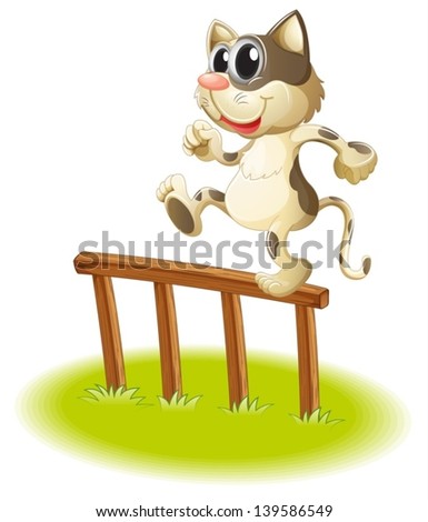 Illustration of a cat crossing the fence on a white background