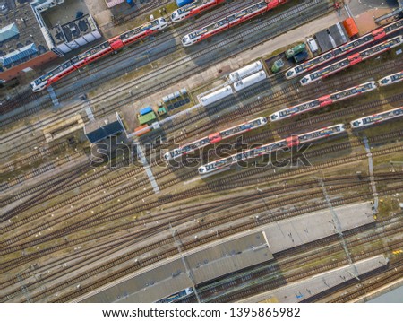 Railroad yard at station district aerial in Netherlands