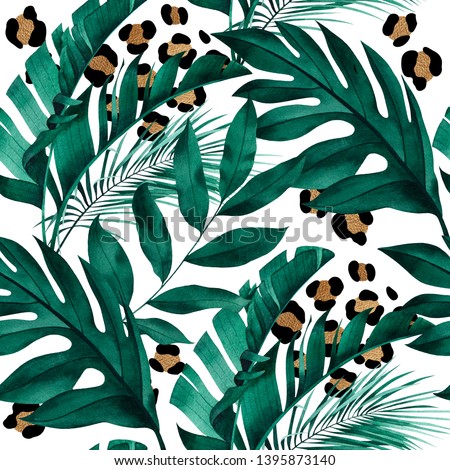 Tropical seamless pattern with exotic monstera, banana and palm leaves on white background.