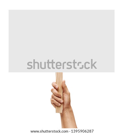 Man's hand holding empty board on white background. Copy space for your text. Close up. High resolution product