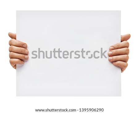 Copy space for your text. Man's hands holding empty board isolated on white background. Close up. High resolution Royalty-Free Stock Photo #1395906290