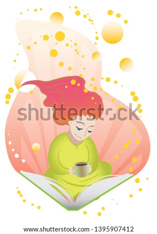 A woman reads a book with a Cup of tea or coffee, the book captures and captivates her entirely, because it is a very good book, and she loves to read