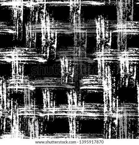 Scratched Black and White Grunge Seamless Pattern. Dry Brush Overlay Texture. Rough Scratched Cloth Pattern. Modern Plaid Texture Design.