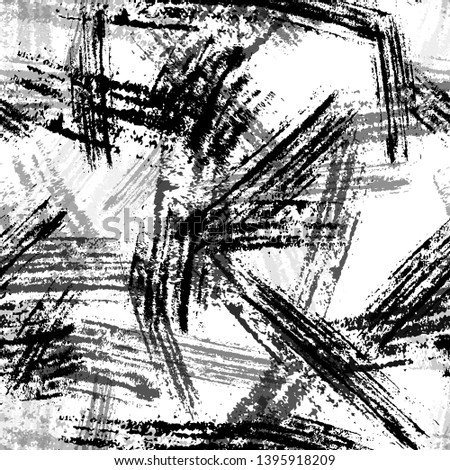 Black and White Overlay Dry Brush Seamless Pattern. Messy Strokes Texture. Grungy Drawing Pattern. Fashion Print Background.